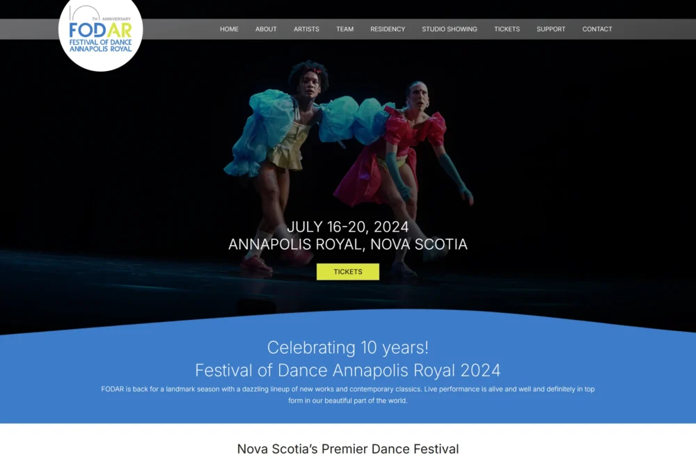 Screenshot of Festival of Dance Annapolis Royal website